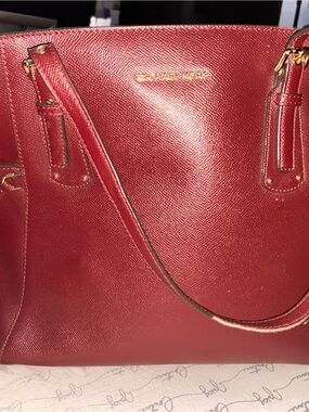 Michael Kors Cherry Red Saffiano Leather Tote with Gold Hardware